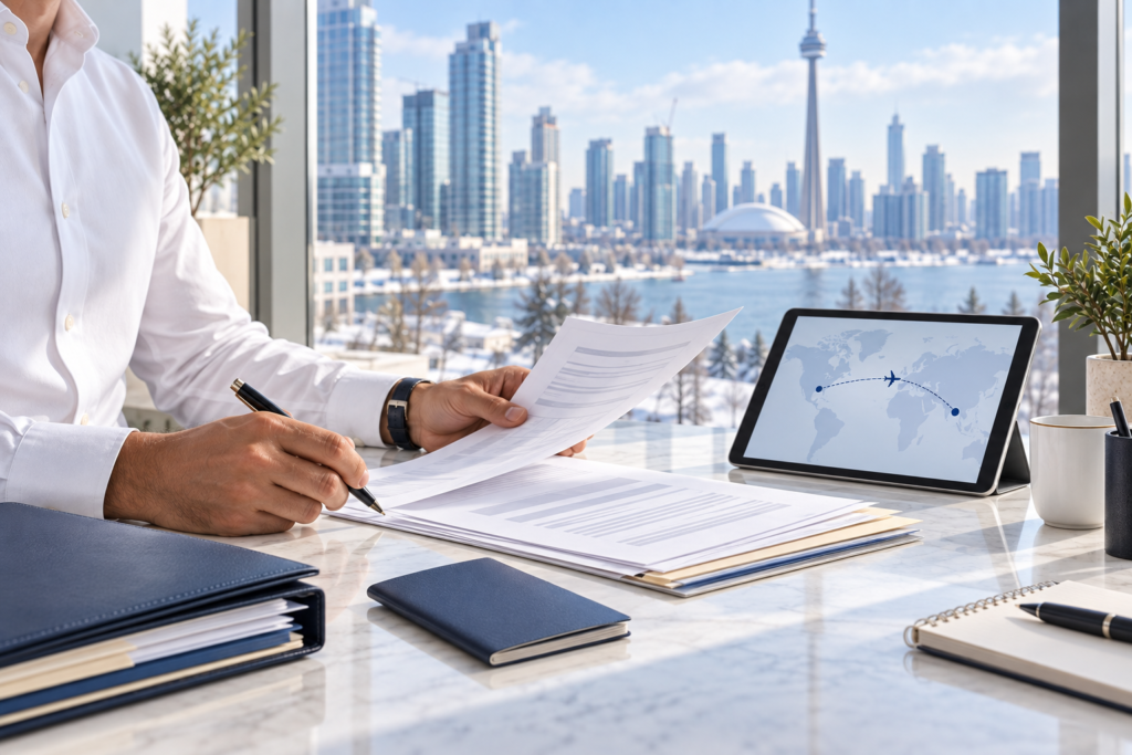 Business owner preparing documents for a move from Canada to Dubai