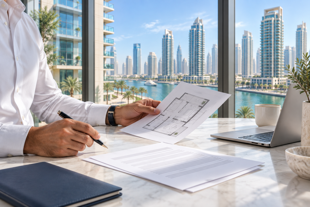 International buyer reviewing mortgage documents beside a Dubai residential property