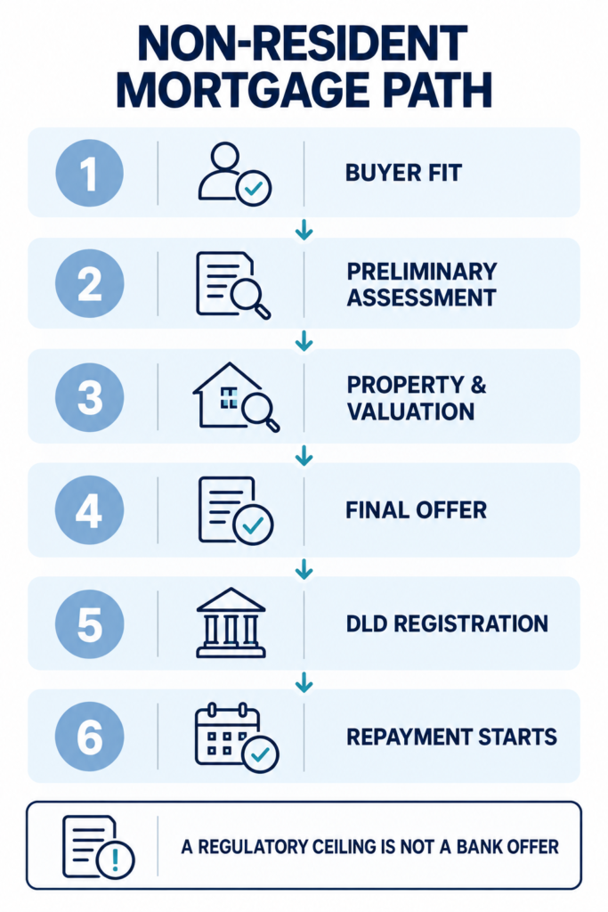 Six evidence gates connecting a non-resident mortgage to a Dubai property purchase
