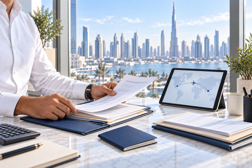 Business owner organising records for a move from the United States to Dubai