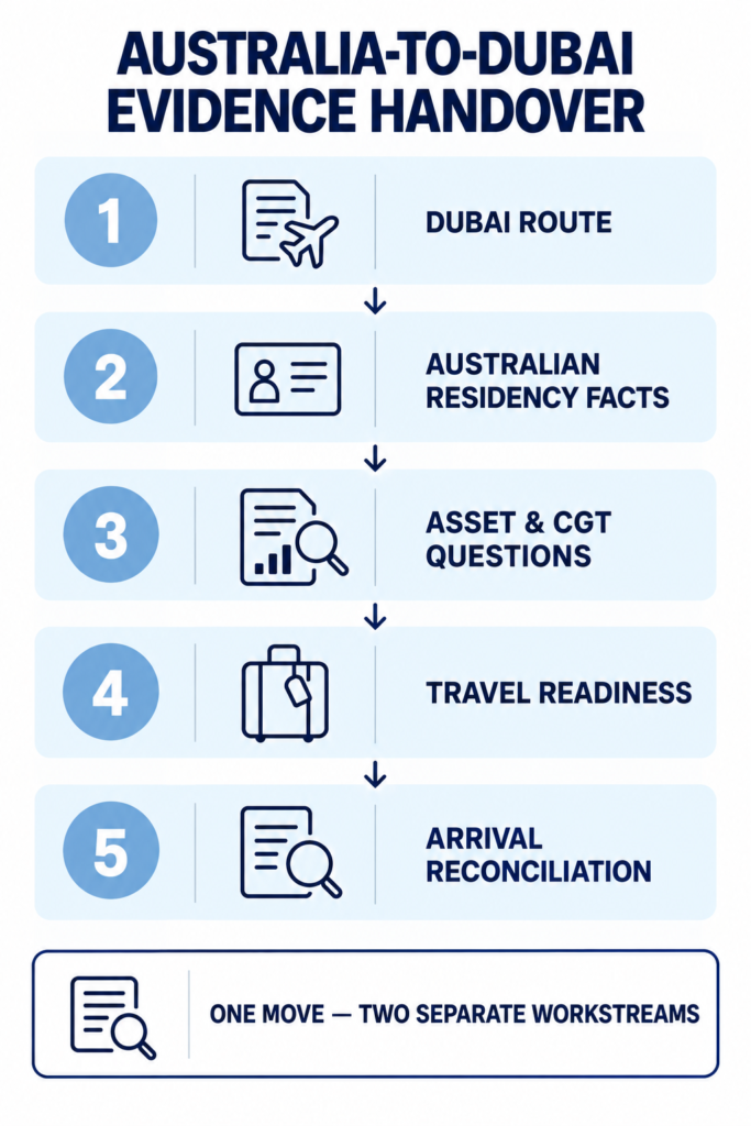 Australia-to-Dubai evidence handover with five stages