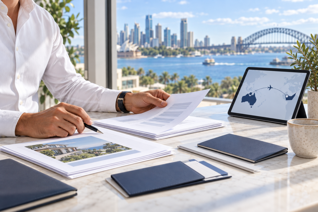 Business owner preparing documents for a move from Australia to Dubai