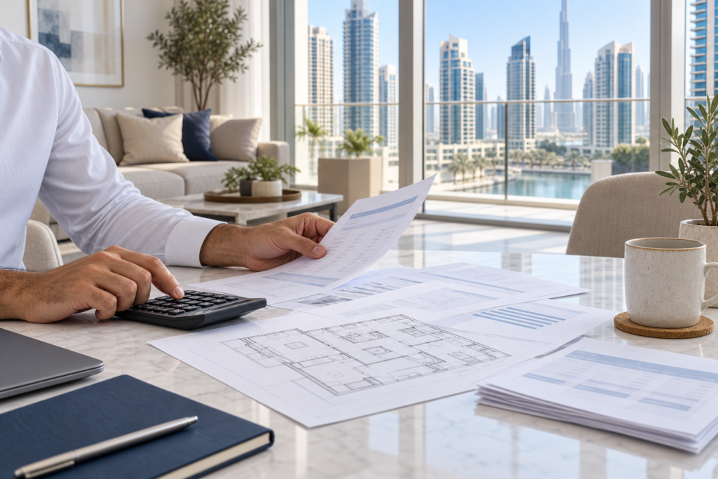 Owner reviewing annual property cost documents in a modern Dubai apartment
