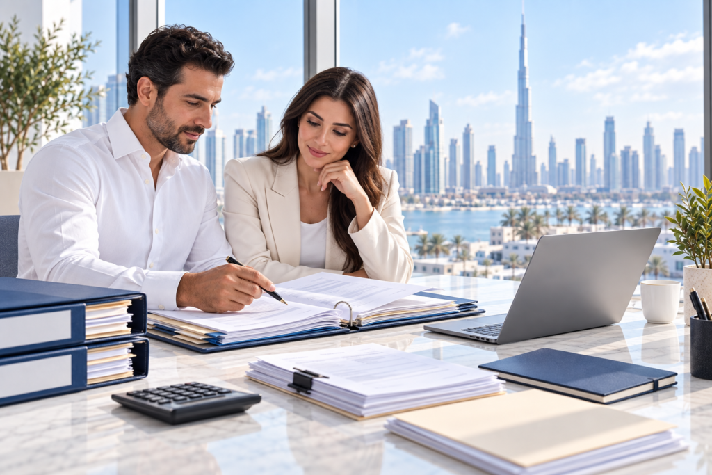 Founder reviewing company and turnover evidence for UAE VAT registration