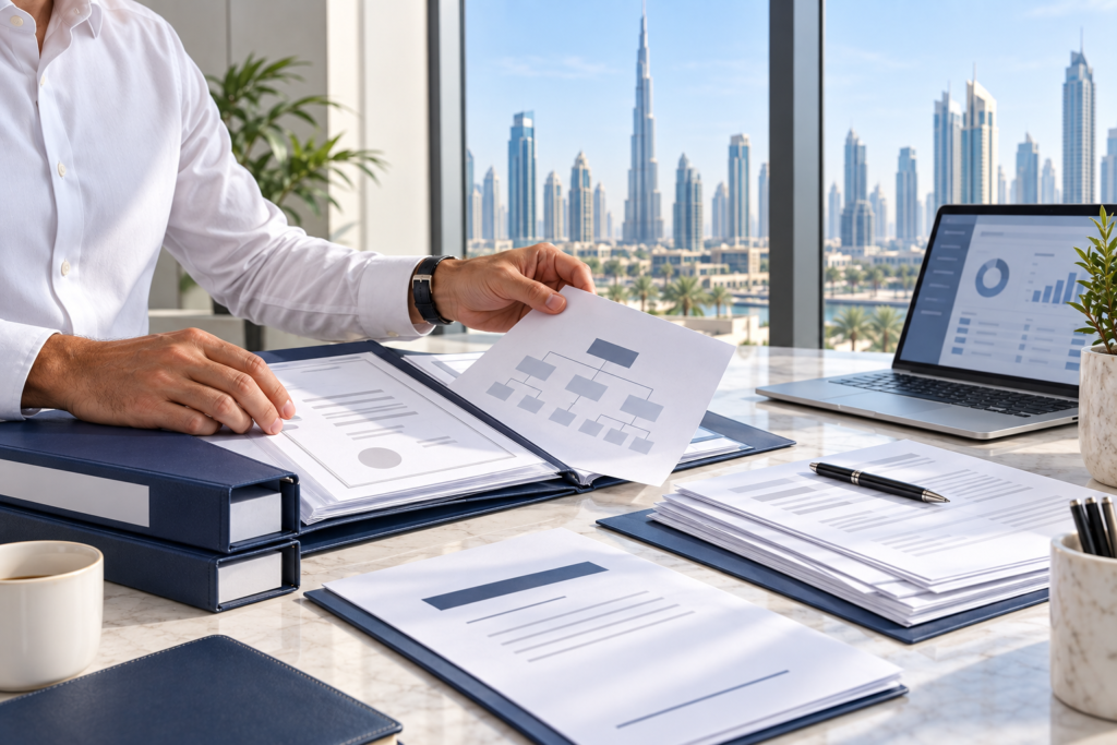 Founder organising company and ownership evidence for a Dubai business bank account