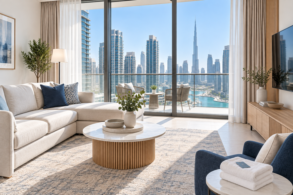 Prepared Dubai apartment living area ready for a compliant short-term guest stay