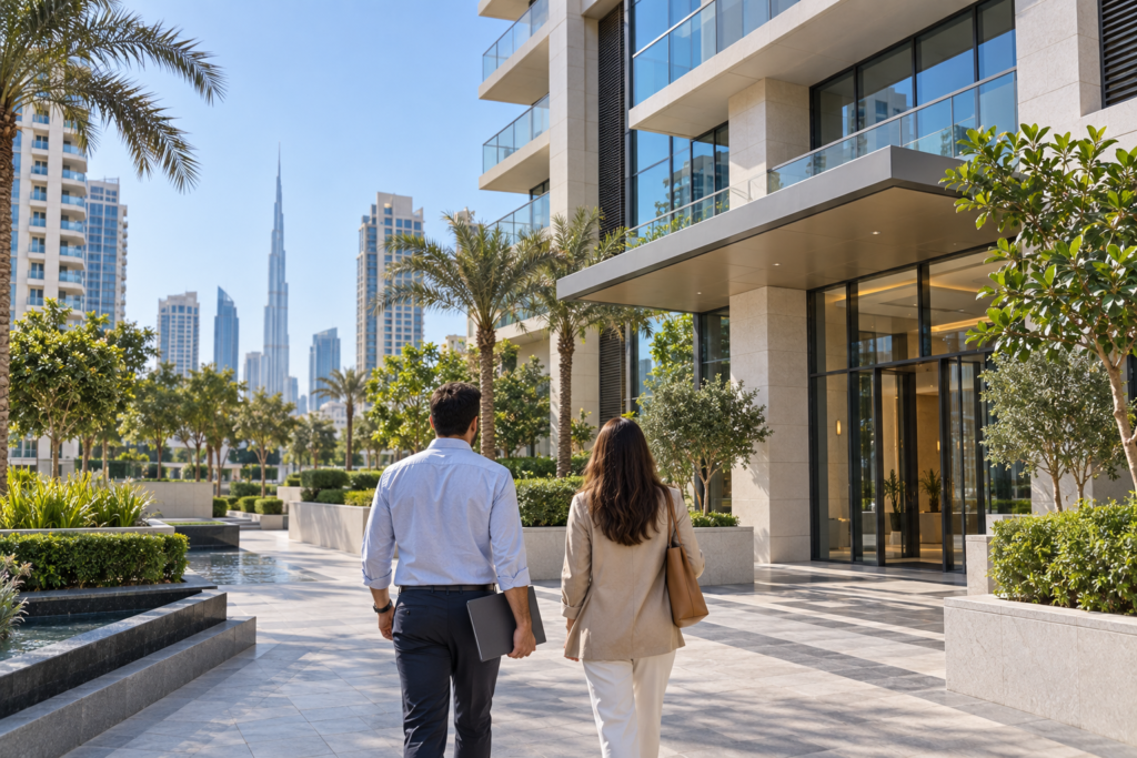 Buyers viewing a completed residential property in Dubai