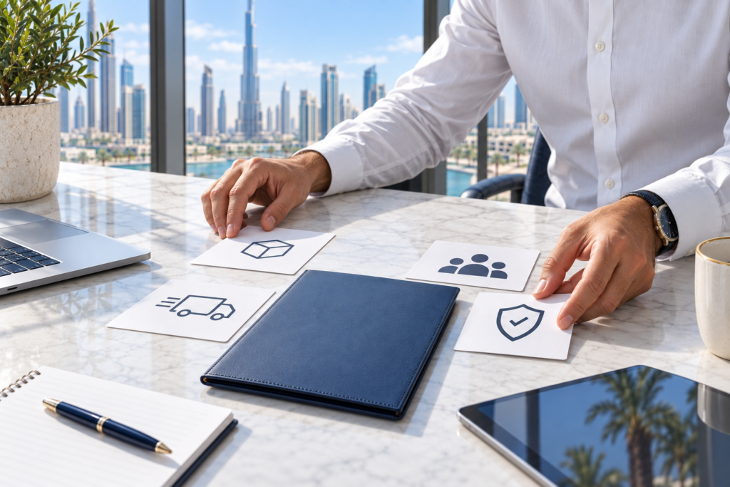 Founder mapping a Dubai business activity from offer, customer and delivery facts