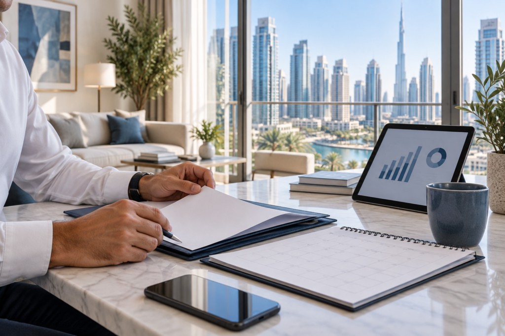 Dubai landlord reviewing a tenancy renewal document in a contemporary apartment