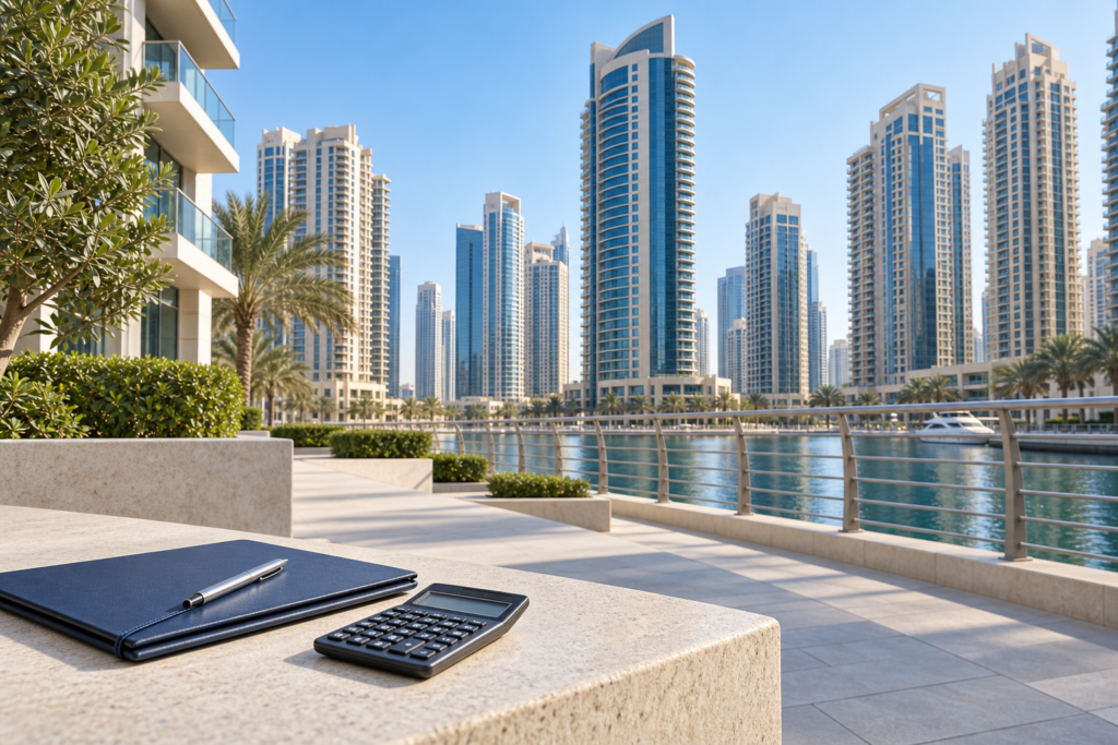 Calculator and documents used to budget a Dubai property purchase