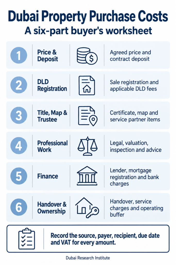 Six-part worksheet for Dubai property purchase costs