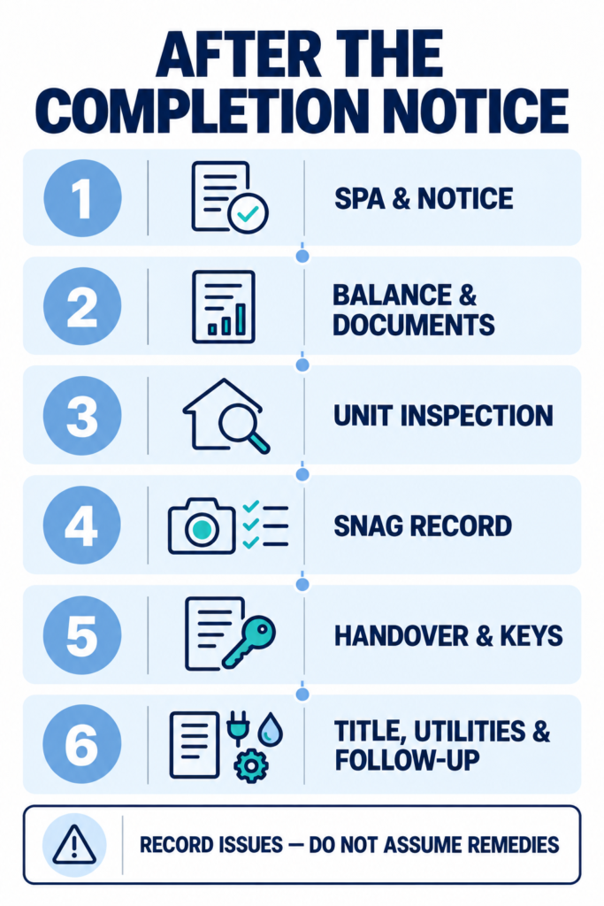 Six-step Dubai off-plan handover flow from SPA and notice checks to title, utilities and follow-up