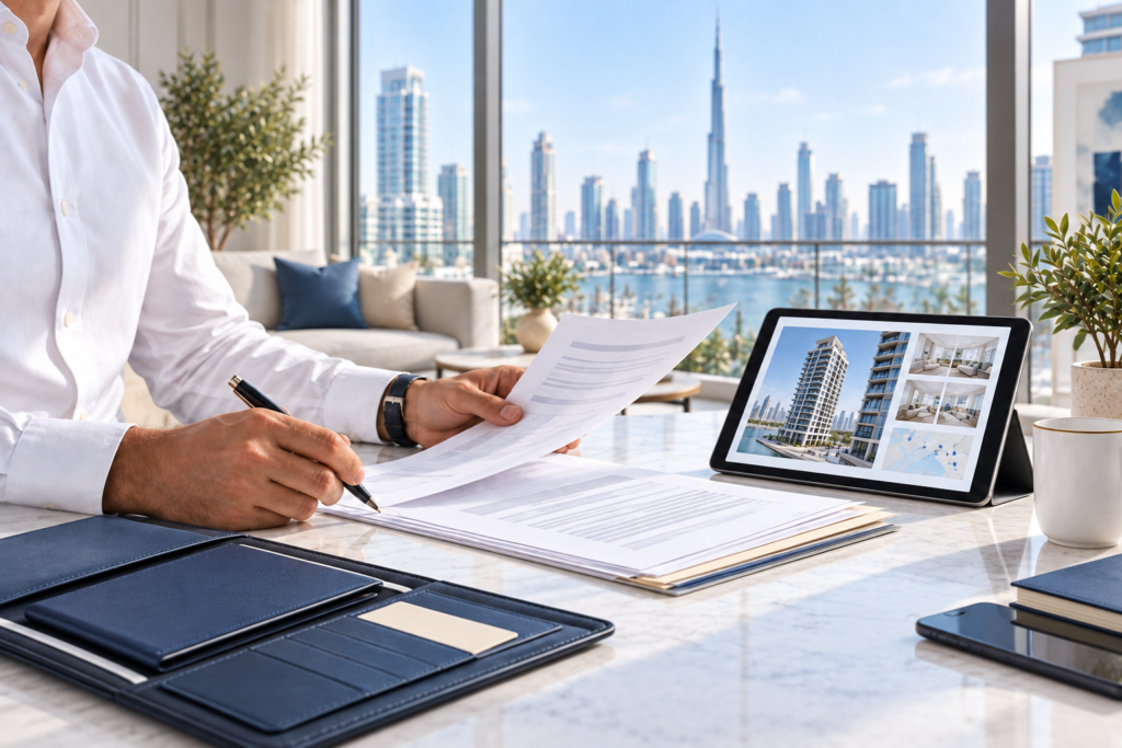 Dubai landlord reviewing a tenancy contract and Ejari records
