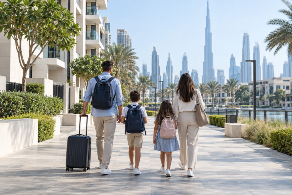 Family walking through a Dubai residential neighbourhood