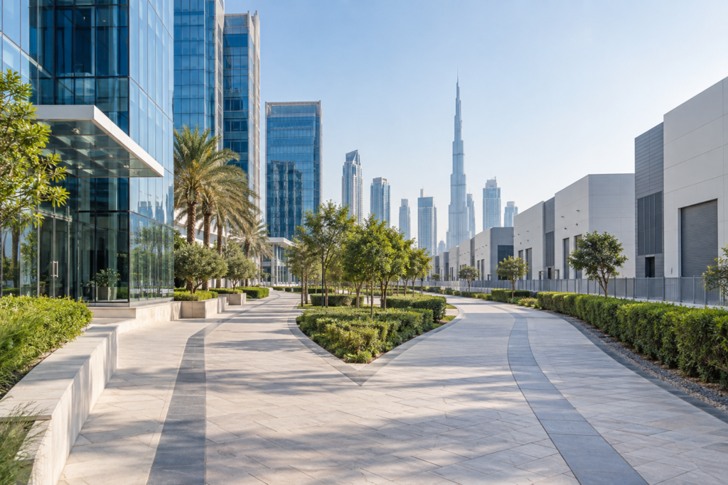 Dubai business district with pathways representing operating model choices