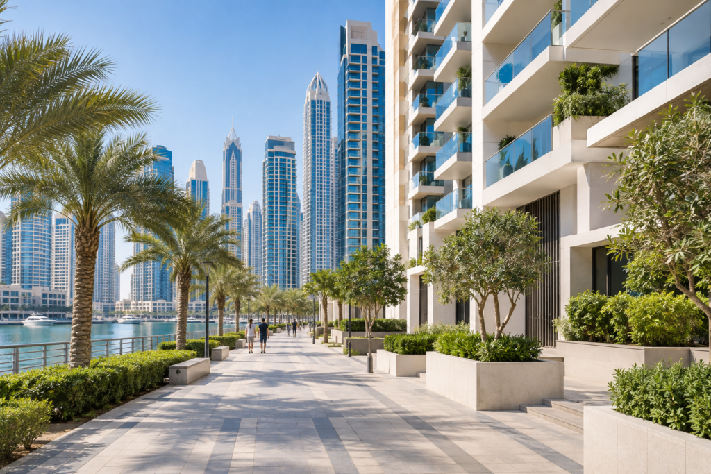 Completed residential towers and waterfront walkway in Dubai